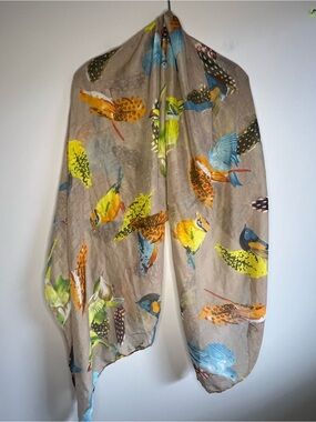 Bird Print Sheer Scarf Wrap Lightweight Beige Multicolor Floral Spring